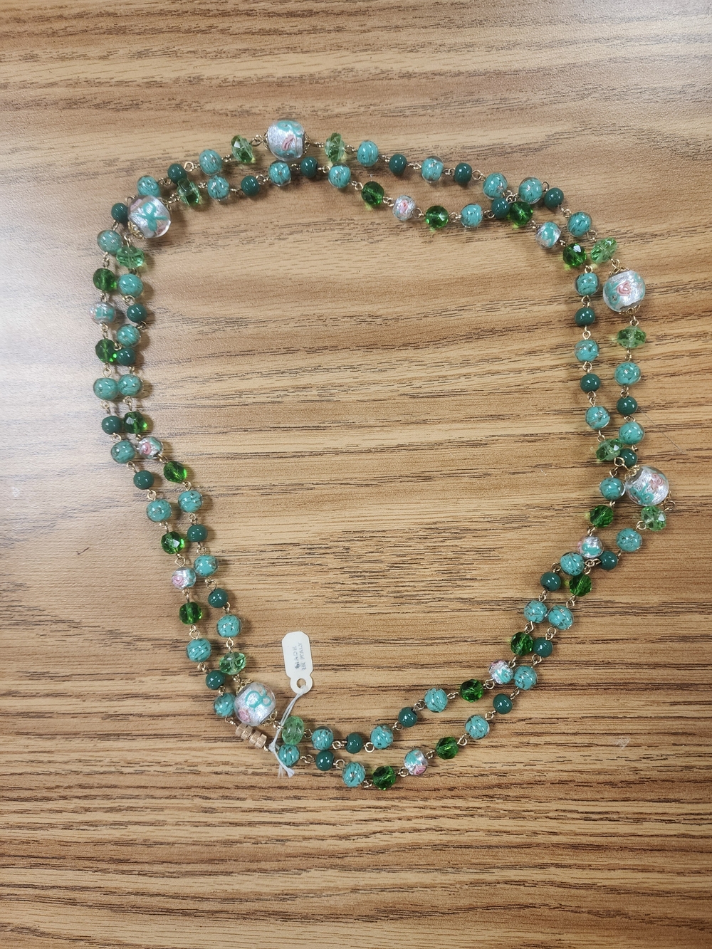 Vintage 60s Venetian Italy Lampwork Glass Beads Green Pink Rose Beaded Necklace